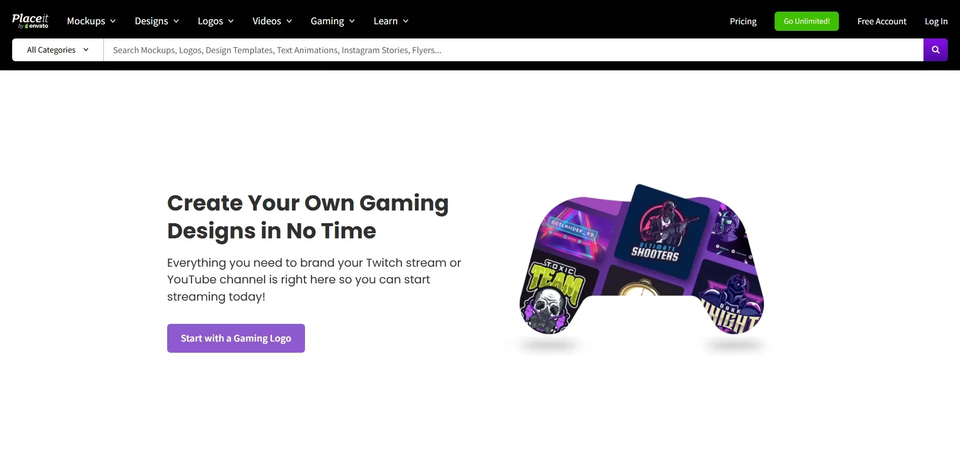 Placeit gaming page banner promoting custom Twitch and YouTube branding with gaming logo templates.